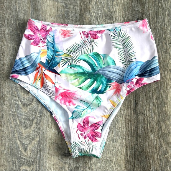 NWT 2 Piece Tropical Swim Suit High waisted Bikini Floral Palm - Picture 6 of 12